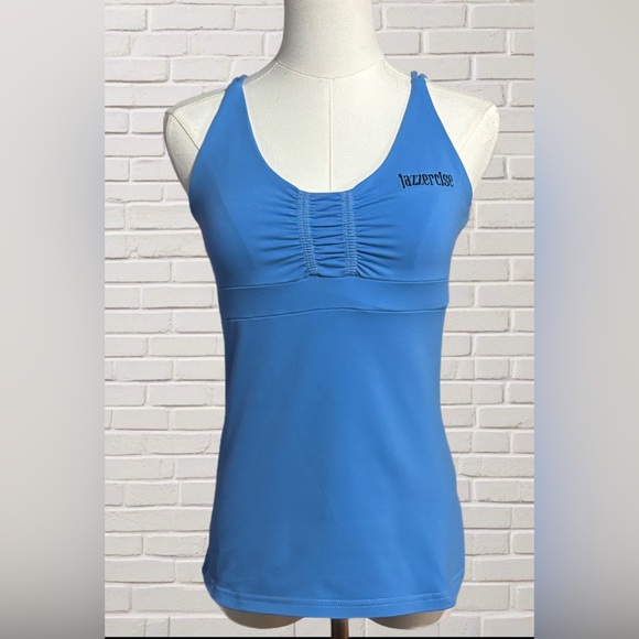 Tops - Y2K Jazzercise Blue Strappy Back Built In Bra Tank Top M USA Yoga Workout